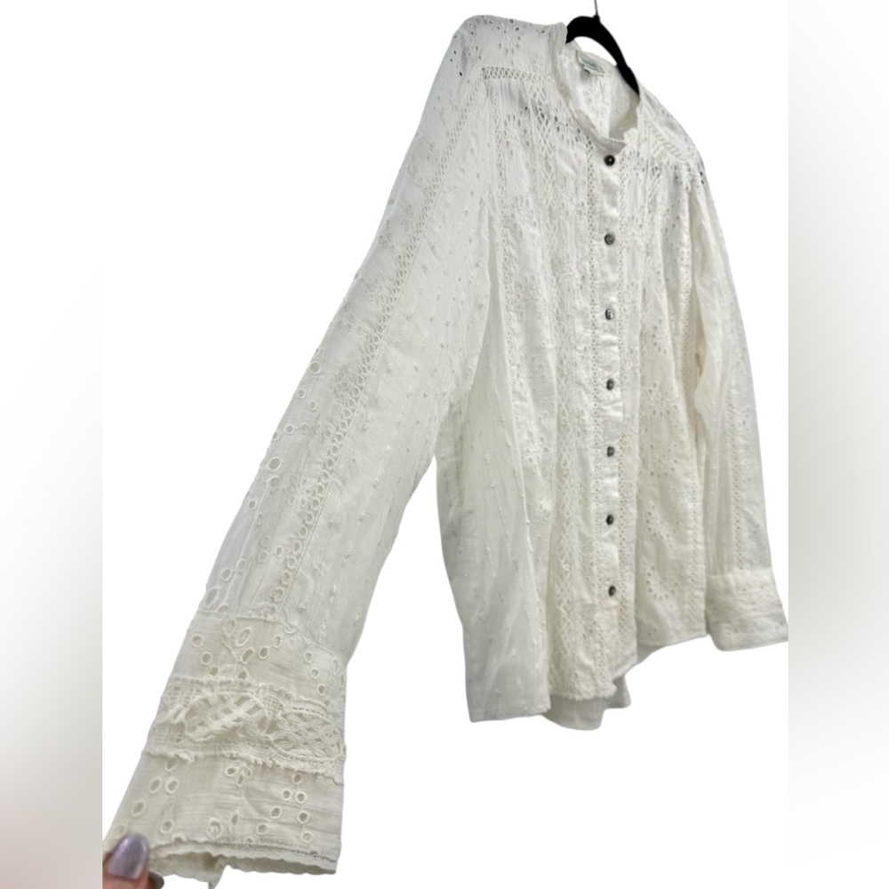 Sundance White Eyelet Lace XL Boho Victorian Cottagecore Cotton Button Front Top - Picture 4 of 14